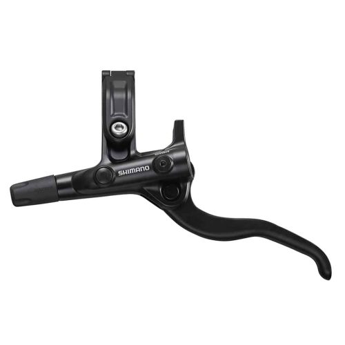 Ett svart Shimano Deore BL-M4100 skivbromsreglage för fram eller bakbroms. Detaljerad bild i bra belysning som visar reglagets alla komponenter och Shimano-logotypen.