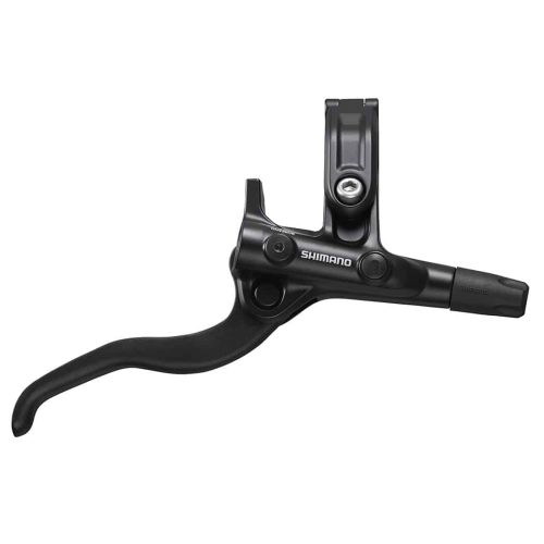 Detaljrik bild av ett svart Shimano Deore BL-M4100 skivbromsreglage, avsett för fram- eller bakbroms. Reglaget avbildas i ett välbelyst utrymme mot en vit bakgrund.