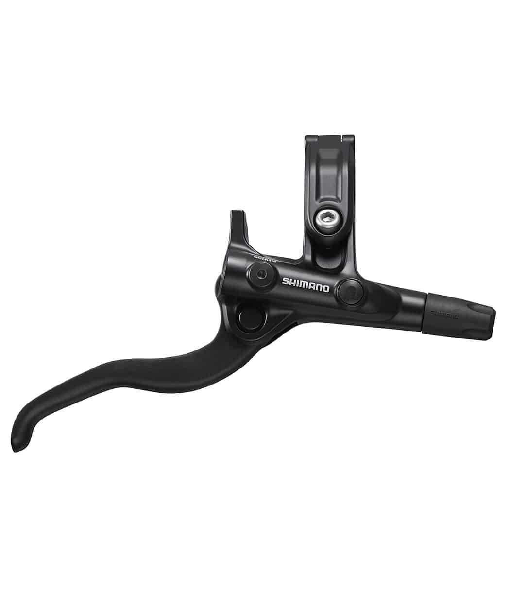 Shimano-BL-M4100-R.jpg Detaljrik bild av ett svart Shimano Deore BL-M4100 skivbromsreglage, avsett för fram- eller bakbroms. Reglaget avbildas i ett välbelyst utrymme mot en vit bakgrund.