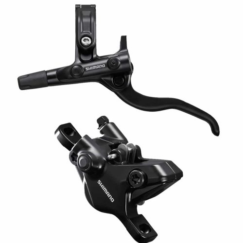 Svart Shimano BR-M4100 skivbromsset för fram och bak, med tydlig logotyp, presenterat mot en ren, vit bakgrund. Detaljerade komponenter och mjuk belysning.