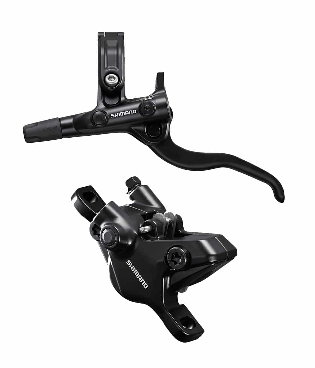 Shimano-BLM4100-BRM410.jpg Svart Shimano BR-M4100 skivbromsset för fram och bak, med tydlig logotyp, presenterat mot en ren, vit bakgrund. Detaljerade komponenter och mjuk belysning.