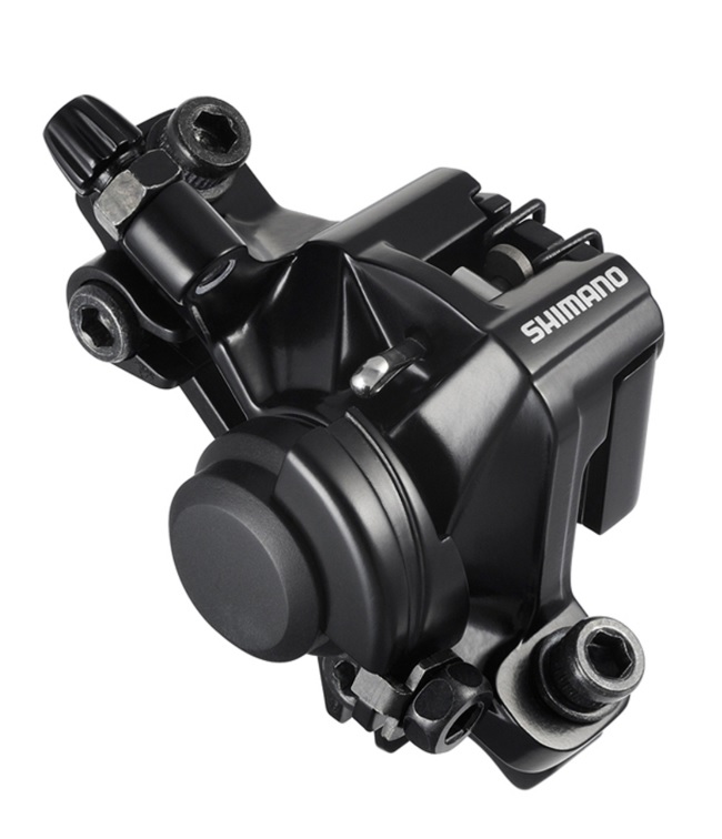 Shimano-BR-M375-OK Närbild av Shimano BR-MT200 skivbromsok, avsedd för cyklar.