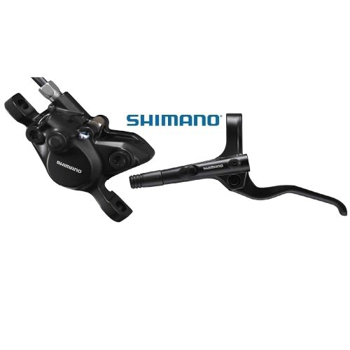 Ett svart skivbromsset Shimano BR-MT201 med bromsok och bromshandtag visas i detalj. Shimano-logotypen är synlig på både bromsoket och handtaget.