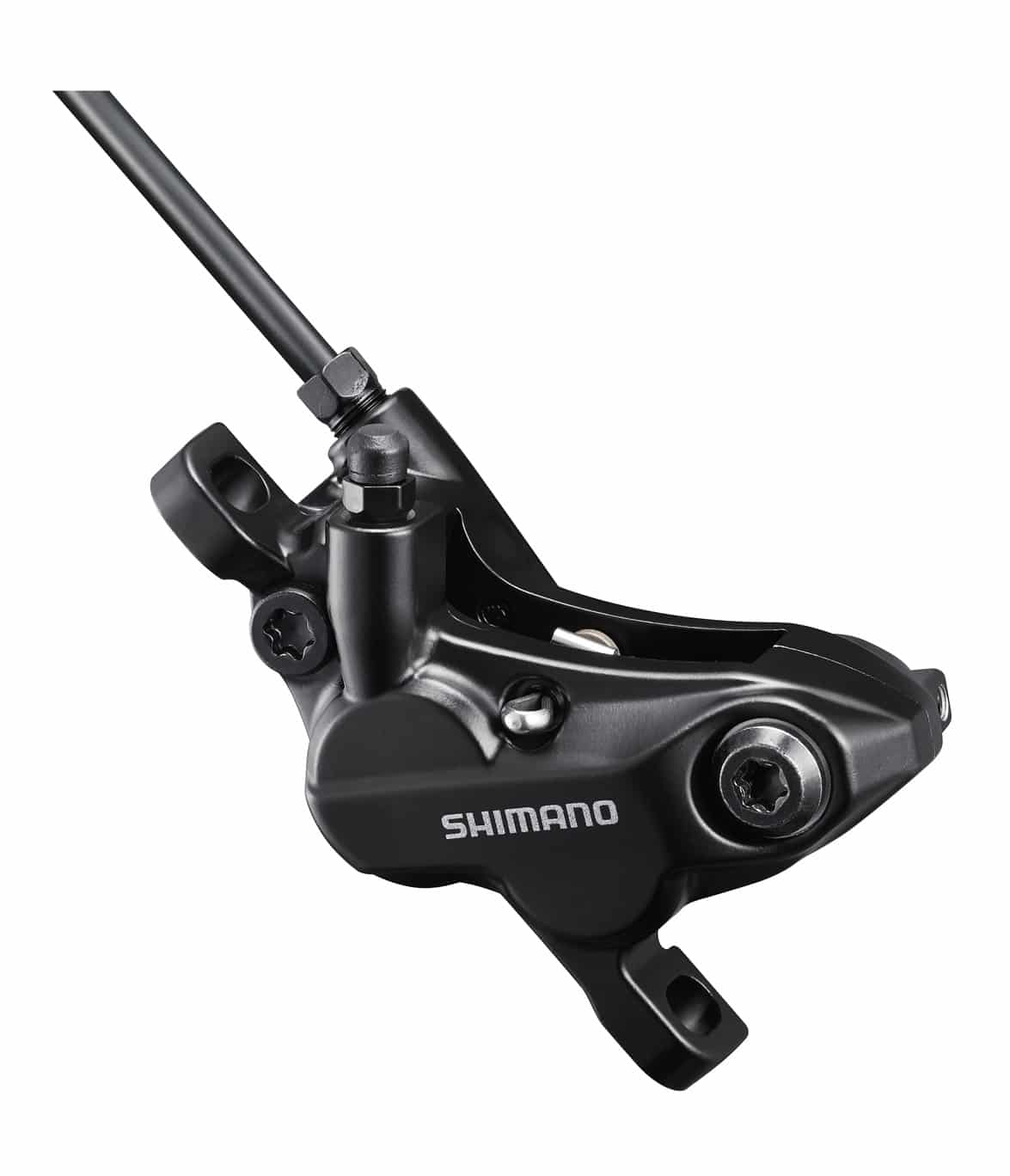 Shimano-Bromsok-MT520.jpg En detaljerad bild av ett svart Shimano BR-MT520 4-kolvs skivbromsok, belyst för att framhäva dess metalliska yta och skruvar. Bilden används på en sida om skivbromsok.