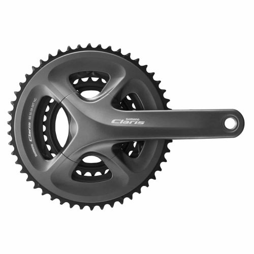 Studiofotografi av ett Shimano FC-R2030 Claris vevparti. Detaljrik bild med jämnt ljus framhäver kugghjulen och den grå metallfinishen. Texten "Shimano Claris" är tydligt synlig på armen.