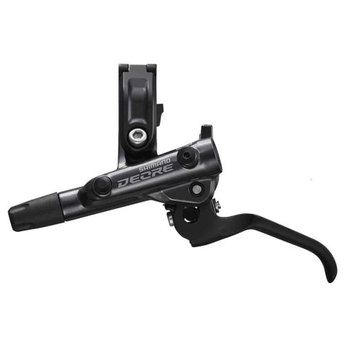 Detaljerad bild av ett Shimano Deore BL-M6100 skivbromsreglage för fram- eller bakbroms. Reglaget är svart och presenterat i detalj mot en ljus bakgrund.
