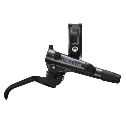 Närbild av ett Shimano Deore BL-M6100 skivbromsreglage i svart. Detaljerad bild med subtil belysning framhäver reglagets design och Shimano Deore logotypen.