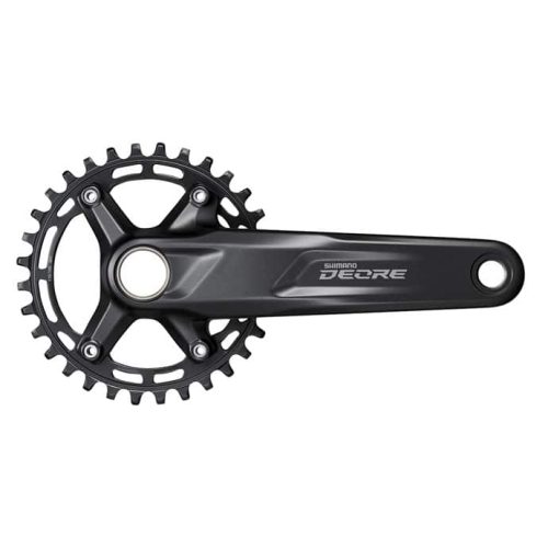 Detaljerat vevparti Shimano Deore FC-M5100 med 32T, designat för 1x10/11-växlade system. Bilden framhäver den matta svarta finishen och de exakta detaljerna under jämn belysning.