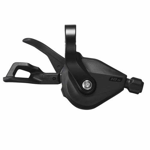 Ett detaljerat foto av en svart Shimano Deore SL-M4100 växelreglage för höger sida, med en 10-växlad funktion. Fotot har en ren, professionell produktfotobelysning.