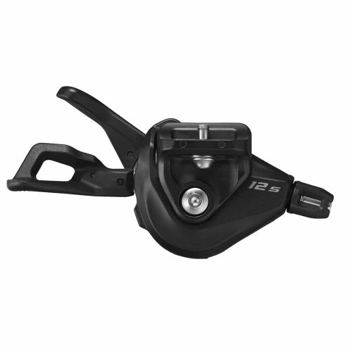 Detaljerad bild av ett svart Shimano Deore SL-M6100 växelreglage för höger sida, avsett för 12-växlade system. Kontrastrika detaljer framhävs i en välbelyst studiomiljö.