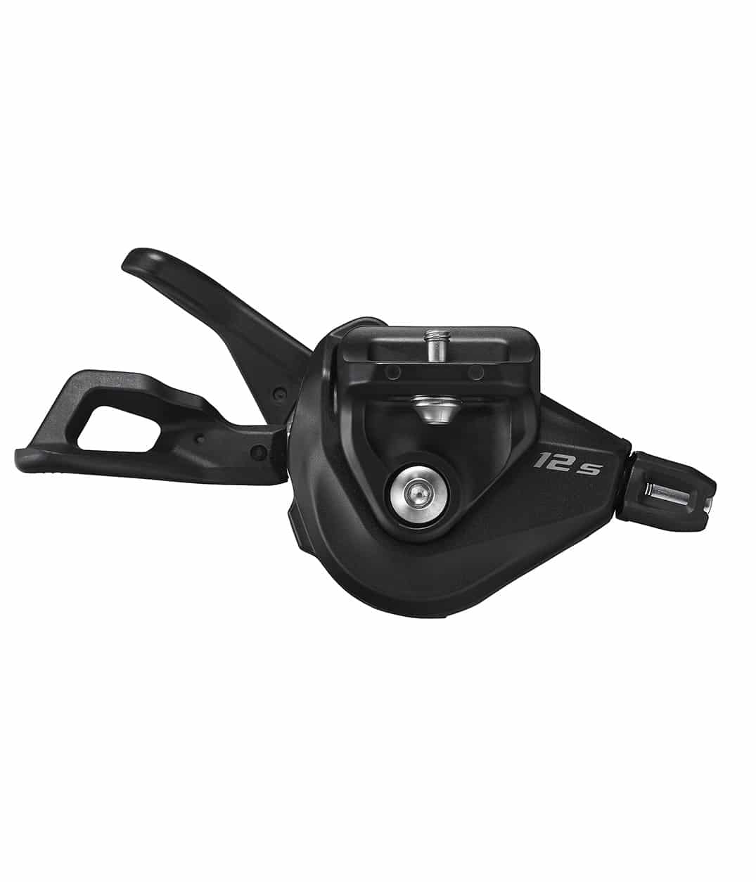 Shimano-Deore-SL-M6100IRA1P.jpg Detaljerad bild av ett svart Shimano Deore SL-M6100 växelreglage för höger sida, avsett för 12-växlade system. Kontrastrika detaljer framhävs i en välbelyst studiomiljö.
