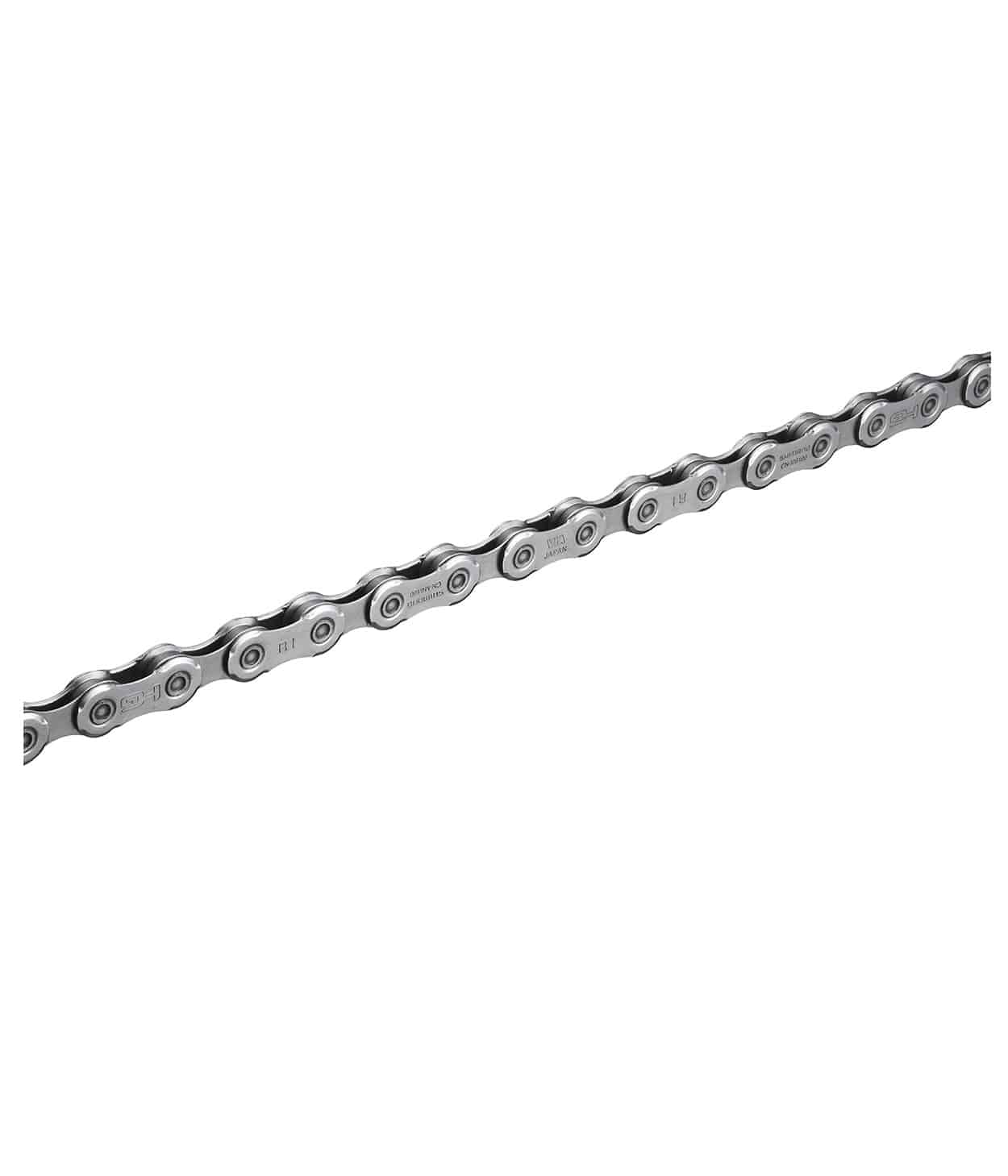 Shimano-Deore-kedja-ICNM6100126Q.jpg Detaljerad bild av en Shimano Deore CN-M6100 12-delad kedja, fångad i skarpt ljus som framhäver dess silverfärgade metalliska finish och precisa konstruktion.