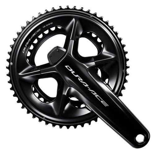 Svart Shimano Dura Ace FC-R9200-P vevparti med wattmätare, avbildat i studiobelysning mot vit bakgrund. Komponenterna framhävs med detaljerade reflektioner och skuggor.