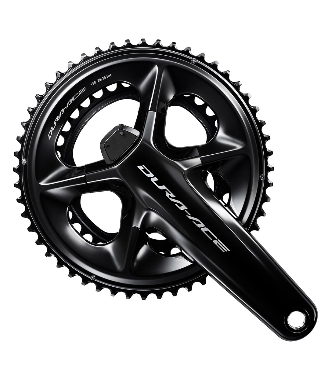 Shimano-Dura-Ace-Wattvevparti-12.jpg Svart Shimano Dura Ace FC-R9200-P vevparti med wattmätare, avbildat i studiobelysning mot vit bakgrund. Komponenterna framhävs med detaljerade reflektioner och skuggor.