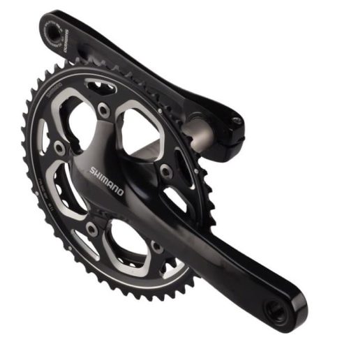 Svart Shimano FC-RS500 vevparti i närbild mot en vit bakgrund. Kedjekransen har 46/36T