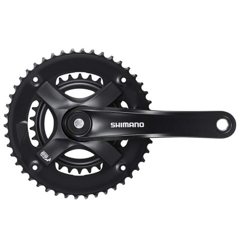 Svart Vevparti Shimano FC-TY501-2, detaljerad vy i bra ljus. Kedjekransarna 46/30T framträder tydligt, lämpligt för 6/7/8x2 växelsystem. Shimano-logotypen syns väl.