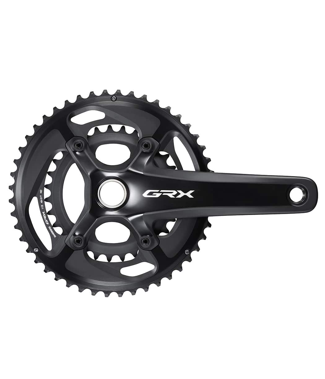 Shimano-GRX-8102-vevparti.jpg Shimano GRX FC-RX810 vevparti i mörkgrå metall, väl belyst med detaljerade kugghjul och tydlig GRX-logotyp. Enkel design med högkvalitativ känsla för 2x11 växelsystem.