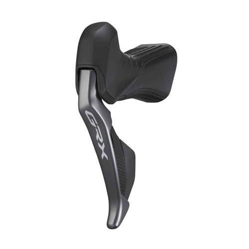 Shimano ST-RX815 GRX Di2 STI-reglage i grått och svart, avsett för 2x11-växlar, under stark belysning som framhäver detaljerna i designen och materialen.