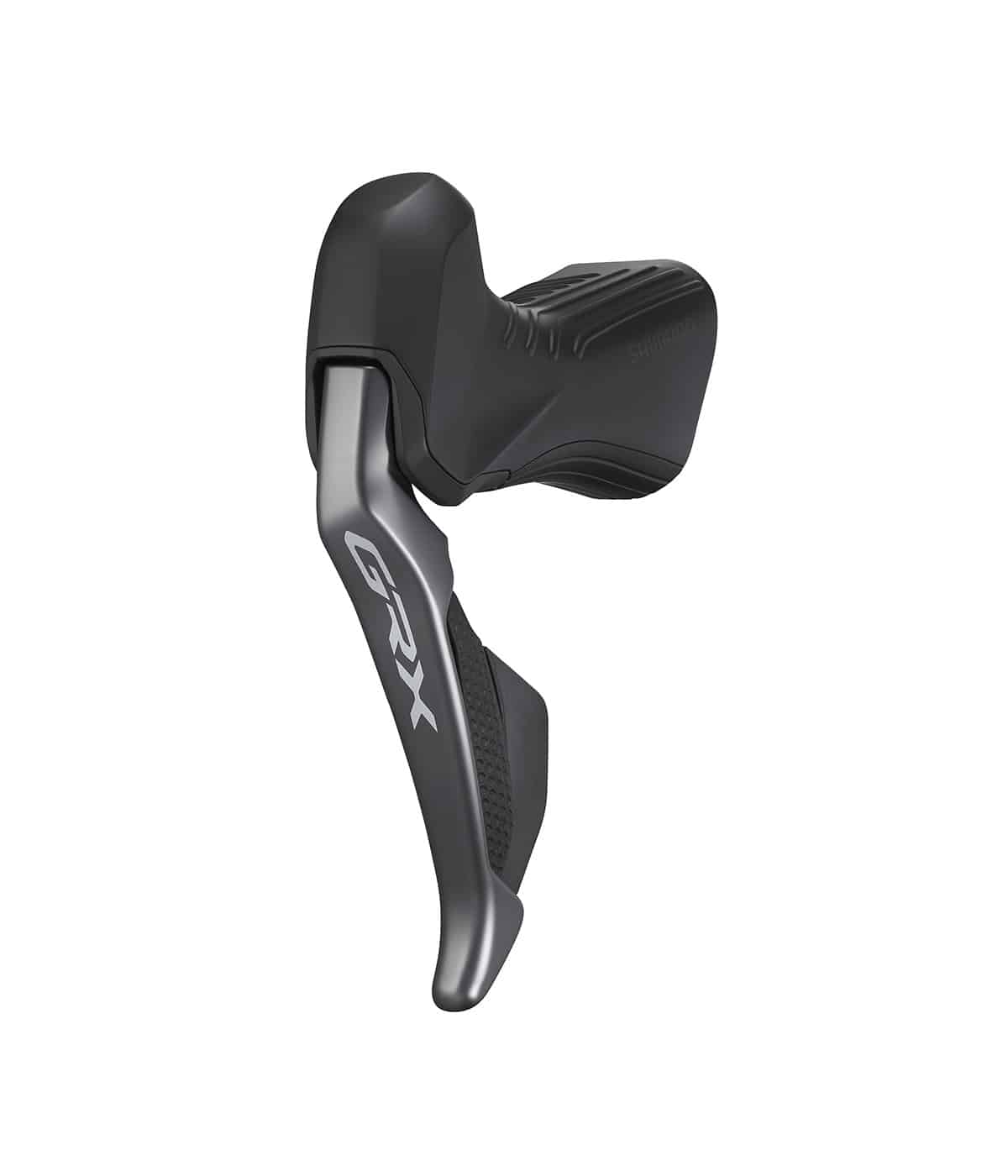 Shimano-GRX-815-2v.jpg Shimano ST-RX815 GRX Di2 STI-reglage i grått och svart, avsett för 2x11-växlar, under stark belysning som framhäver detaljerna i designen och materialen.