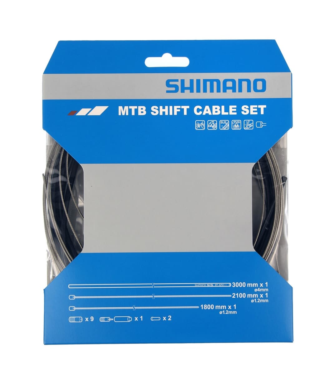 Shimano-MTB-SP-41-vaxelvajerset-SUP.jpg En förpackning med ett Shimano MTB växelvajerset visas i en detaljerad närbild. Förpackningen har en blå och grå färgskala med tydlig produktinformation och kablarna syns genom en genomskinlig öppning.