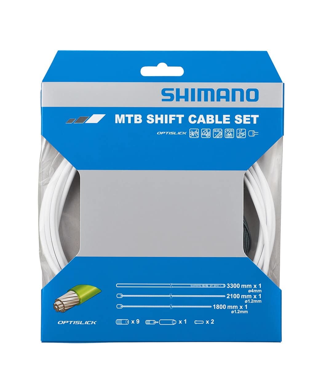 Shimano-Optislick-OT-SP-41-vaxelvajerset-vitt.jpg En Shimano Optislick MTB växelvajer sats för cyklar visas i en förpackning med blått och vitt tryck. Förpackningen beskriver innehållet detaljerat med illustrationer och måttangivelser, vilket ger ett informativt och tekniskt intryck.