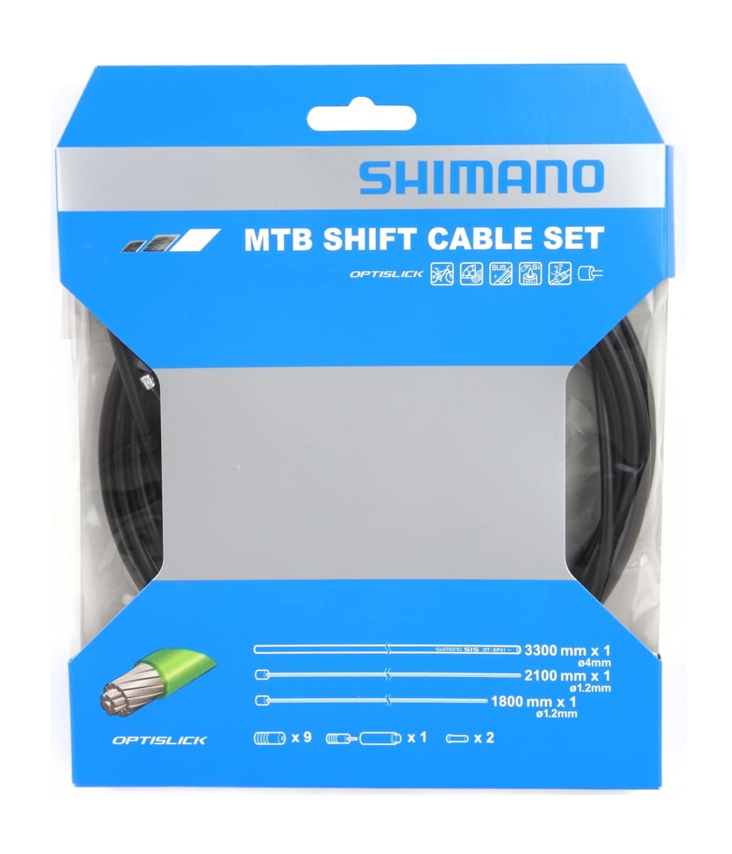 Shimano-Optislick-OT-SP-41-vaxelvajerset.jpg En detaljerad bild av ett Shimano Optislick MTB växelvajerset, omslutet av klar plastförpackning. Blå och silverfärg dominerar, med specifikationer tydligt angivna. Studioljus framhäver produktens konturer och textdetaljer.