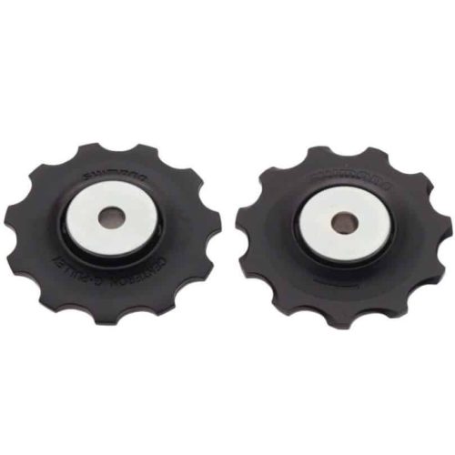 Två svarta Shimano RD-4700 Tiagra rulltrissor med silverfärgade centrum