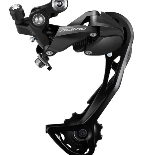 Svart Shimano Alivio RD-M3100 bakväxel för 9-växlade system. Studiofotograferad med detaljerad skärpa och mjuk belysning som framhäver komponentens design och logotyp.