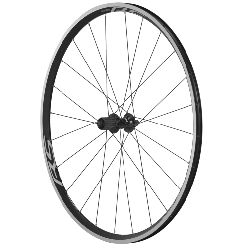 Cykelfälgen Shimano WH-RS100 Tiagra QR i detalj, framställd med skarpa linjer och balans mellan svärta och ljus, som framhäver dess aerodynamiska form och kvalitetskonstruktion.