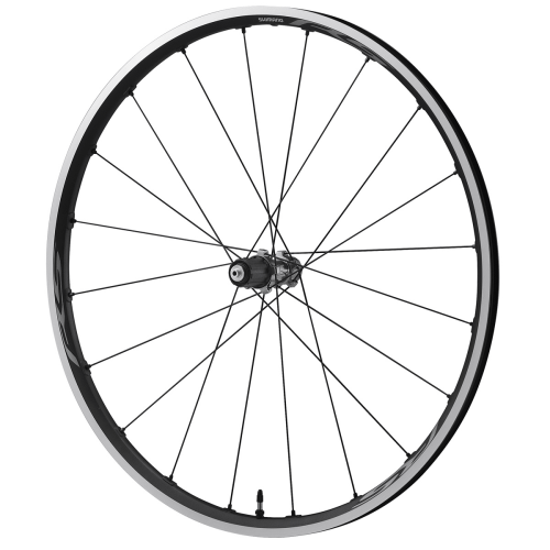 Cykelhjul Shimano WH-RS500 TL 24 mm för fälgbroms, avbildat i detalj med fokus på ekrar, nav och fälgens design. Studioljus framhäver material och konstruktion.