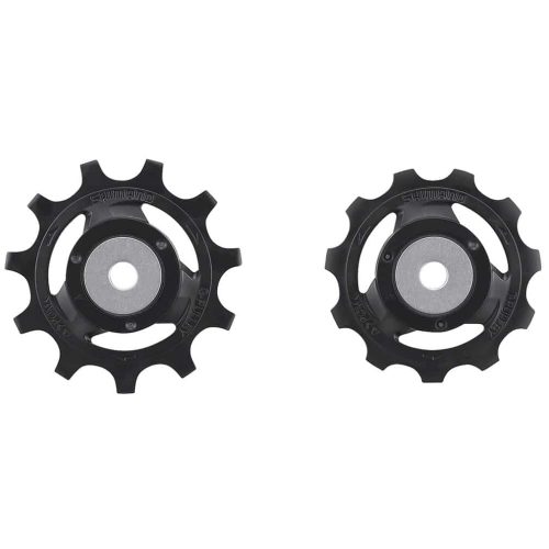 Två svarta Shimano RD-R8000 Ultegra rulltrissor för 11-växlad bakväxel syns i bild, detaljrika och med mjuka skuggor som framhäver den tekniska designen. Silverfärgade centrum och tydliga Shimano-logotyper.