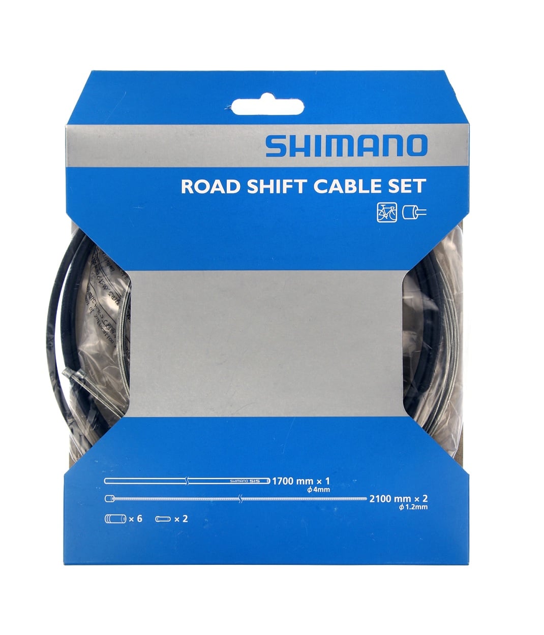 Shimano-SIS-SP-40-vaxelvajerset.jpg Växelvajersetet Shimano SIS SP-40 i blått och silver förpackning visas i en detaljerad close-up, där vajrar och teknisk information är synliga under starkt ljus.
