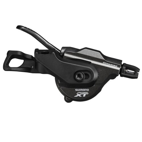 Detaljerad bild av ett Shimano XT SL-M8000 I-Spec växelreglage för cykel. Mörk