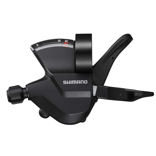 Shimano Altus SL-M315 växelreglage, fram eller bak, i svart. Fokus på detaljerna i design och märkningen, perfekt för en produktsida om cykeltillbehör.
