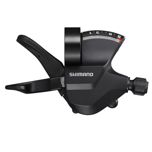 Detaljrik bild av ett svart växelreglage Shimano Altus SL-M315 för fram och bak, med en indikator som visar växelläget på 8. Klar belysning framhäver detaljerna i produkten.