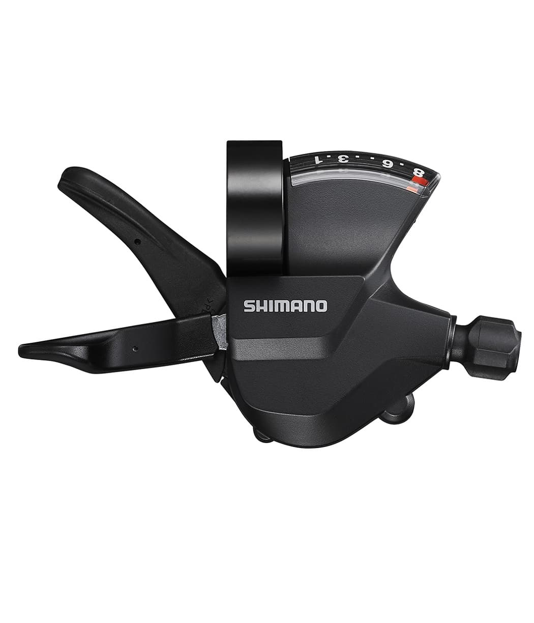 Shimano-SLM315-8-Altus.jpg Detaljrik bild av ett svart växelreglage Shimano Altus SL-M315 för fram och bak, med en indikator som visar växelläget på 8. Klar belysning framhäver detaljerna i produkten.