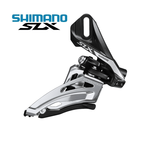 Shimano SLX FD-M7020 framväxel för 2x11-delade system. Detaljerad bild i starkt ljus visar konstruktionen i silver och svart, med tydlig märkning av modell och varumärke.