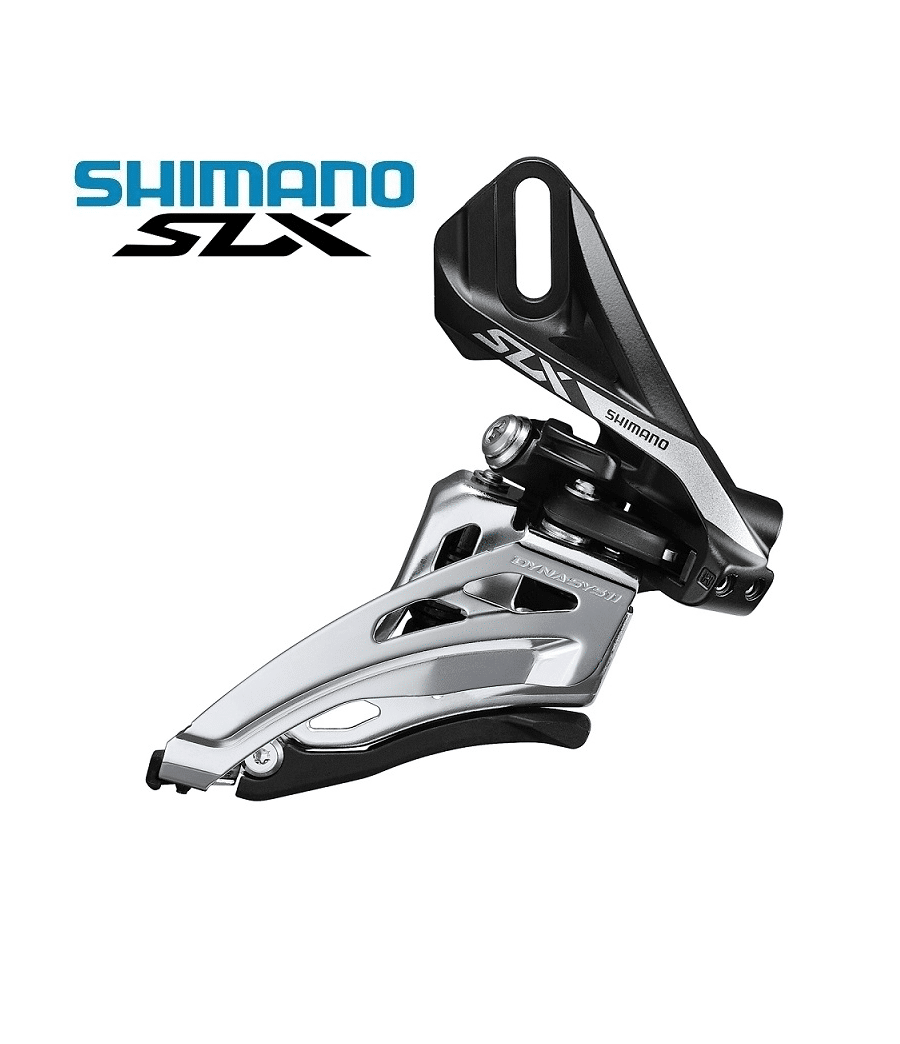 Shimano-SLX-2x11-M7020.png Shimano SLX FD-M7020 framväxel för 2x11-delade system. Detaljerad bild i starkt ljus visar konstruktionen i silver och svart, med tydlig märkning av modell och varumärke.