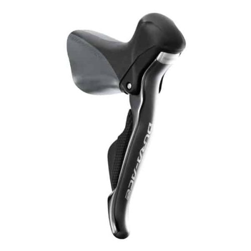 STI-reglage Shimano Dura Ace Di2 ST-9070 i svart, mot en vit bakgrund. Detaljerad belysning framhäver den släta ytan och Dura-Ace-logotypen på bromsspaken.