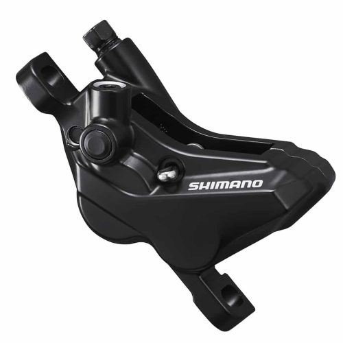 Svart Shimano BR-MT420 skivbromsok, avsett för fram- eller bakmontering. Detaljerad bild med fokus på design och Shimano-logotypen, perfekt ljussättning framhäver bromsokens form och textur.