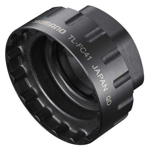Verktyg Shimano TL-FC41 för direktmontering av främre kedjedrev i svart metall. Starkt belyst med fokus på detaljerna i verktygets form och texten "SHIMANO TL-FC41 JAPAN QD".