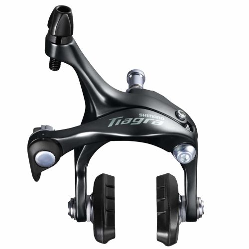 Svart Shimano Tiagra BR-4700 racercykelbroms, fram eller bak, med tydlig logotyp och detaljerade bromsbelägg, mot en ren vit bakgrund, belyst för att framhäva designen.