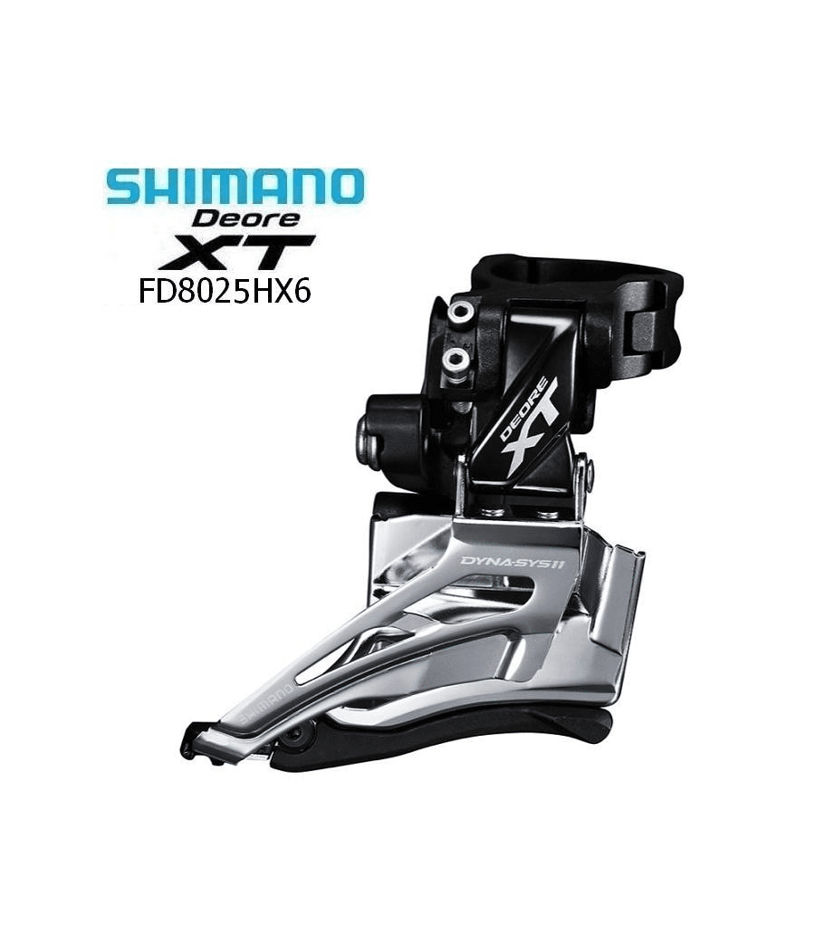 Shimano-XT-2x11-M8025-2.png Framväxel Shimano XT FD-M8025 HX6, en blank silverfärgad cykeldel med svarta detaljer, placerad mot en vit bakgrund i ett väl upplyst foto.