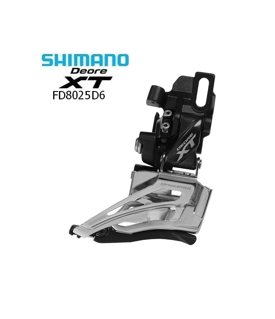Shimano-XT-2x11-M9025.png Detaljerad bild av en Shimano XT M8025 D6 framväxel för 2x11-växlar, presenterad i ett ljust, studiolikt ljus som framhäver den blanka metallen och den svarta mekaniken.