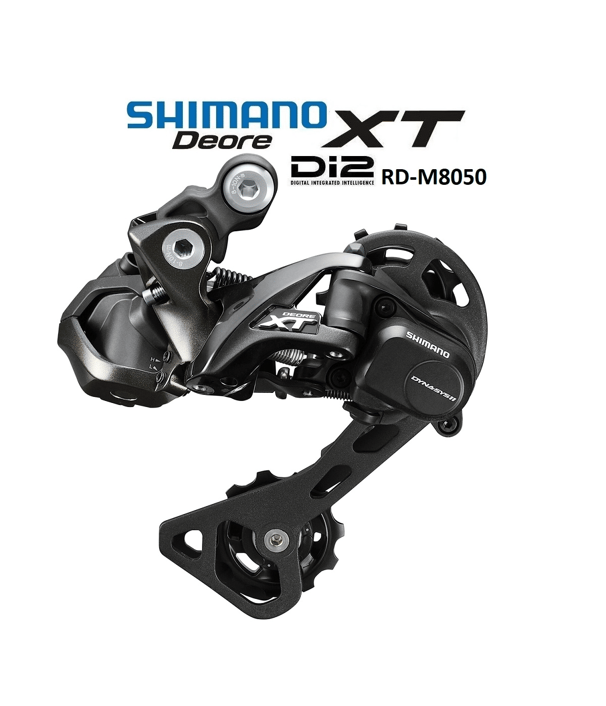 Shimano-XT-Di2-M8050.png En närbild av en Shimano XT RD-M8050 Di2 Shadow+ bakväxel för 11-växlade cyklar. Den svarta växeln visas mot en vit bakgrund, och dess logotyper och detaljer framhävs av skarp belysning.