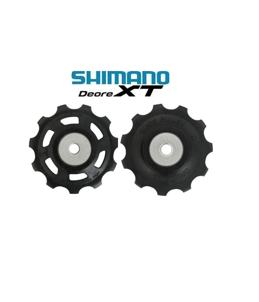 Shimano-XT-rulltrissor-m773.png Svarta Shimano XT rulltrissor för RD-M773 10-växlade system visas i detalj under ljus belysning. Logotypen "Shimano Deore XT" syns tydligt ovanför, vilket framhäver komponentens äkthet.
