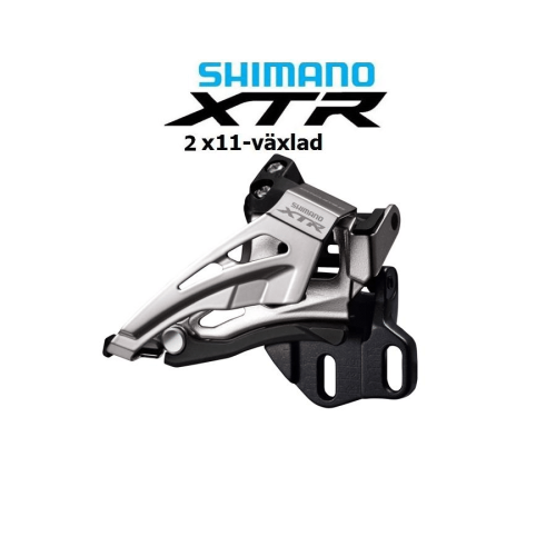 Framväxel Shimano XTR FD-M9025 E6X, 2x11s, visas i silver och svart mot en vit bakgrund. Fint detaljerad och välbelyst, framhäver produkten.