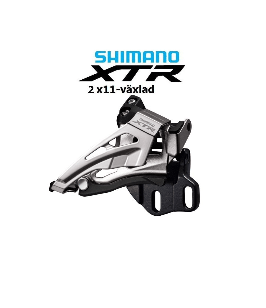 Shimano-XTR-2x11-M9025-2.png Framväxel Shimano XTR FD-M9025 E6X, 2x11s, visas i silver och svart mot en vit bakgrund. Fint detaljerad och välbelyst, framhäver produkten.
