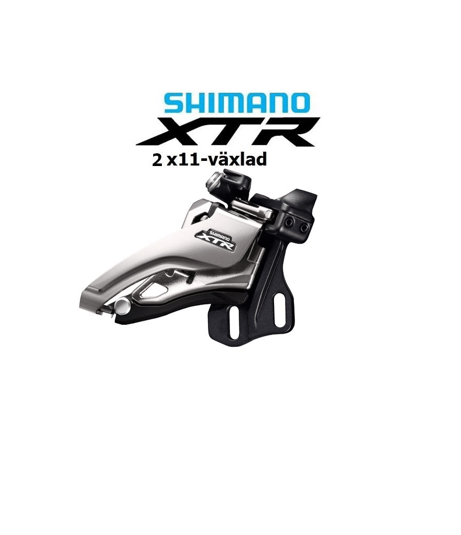 Shimano-XTR-2x11-m9020-2.png Närbild av en Shimano XTR FD-M9020 E6X framväxel för 2x11-delat system. Den silverfärgade växeln är detaljrik, med skarpa skuggor som definierar formen. Texten 'Shimano XTR' syns tydligt på komponenten.