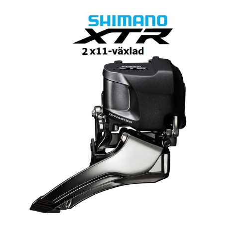 Detaljrik bild av en Shimano XTR Di2 FD-M9070 framväxel för 2x11 växlar, avbildad mot en ren, vit bakgrund. Produktens precisa mekanik och glänsande ytor framhävs.